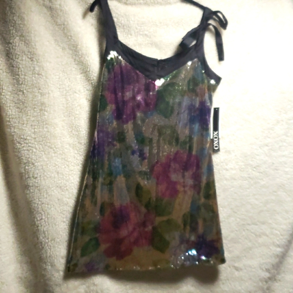 Short above knee sequence gold pink little green flower dress